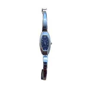 Vintage Peugeot Watch Women 22mm Silver Tone Oval Blue Dial Cuff New Battery